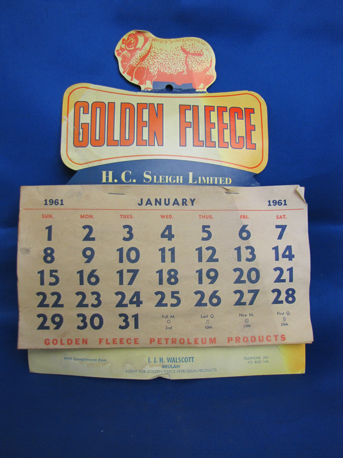 Golden Fleece 1961 Calendar With Ram On Dog Bone Golden Fleece